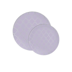 Lavender round plates with white trellis design for birthday from Parte Haus party supply store in Bethesda Maryland