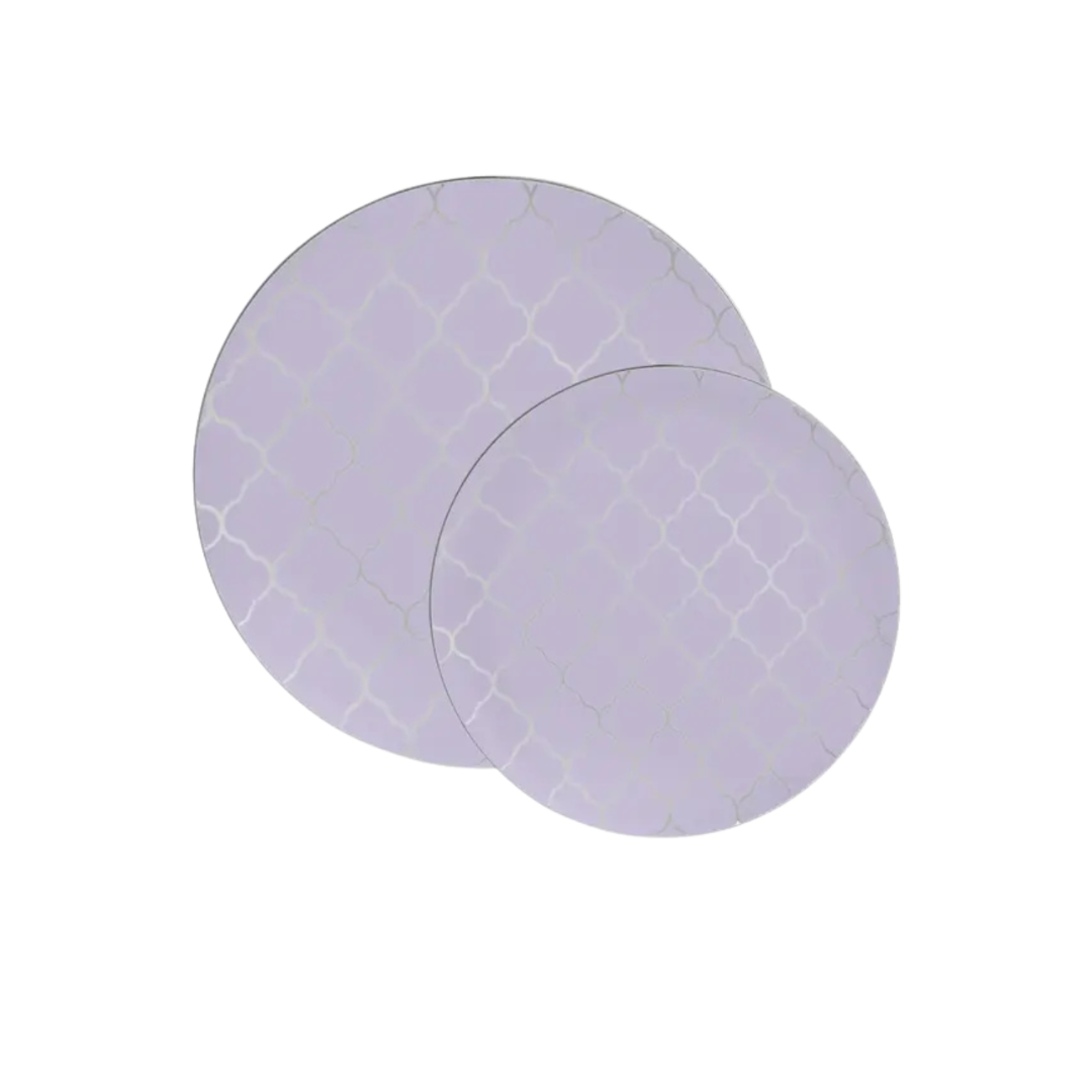 Lavender round plates with white trellis design for birthday from Parte Haus party supply store in Bethesda Maryland