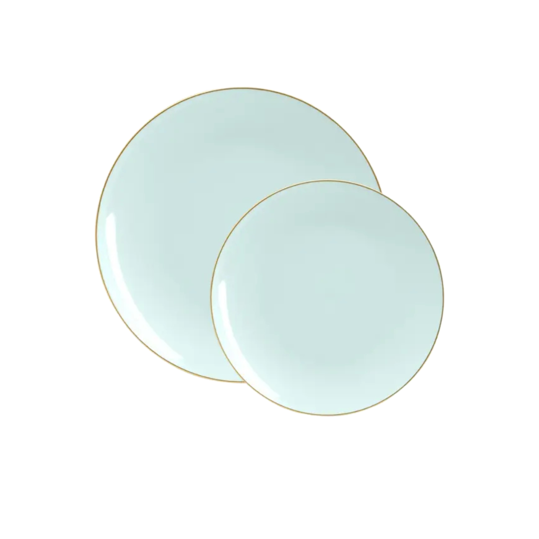 Light blue plates with gold rim elegant tableware for celebrations from Parte Haus party supply store in Bethesda MD