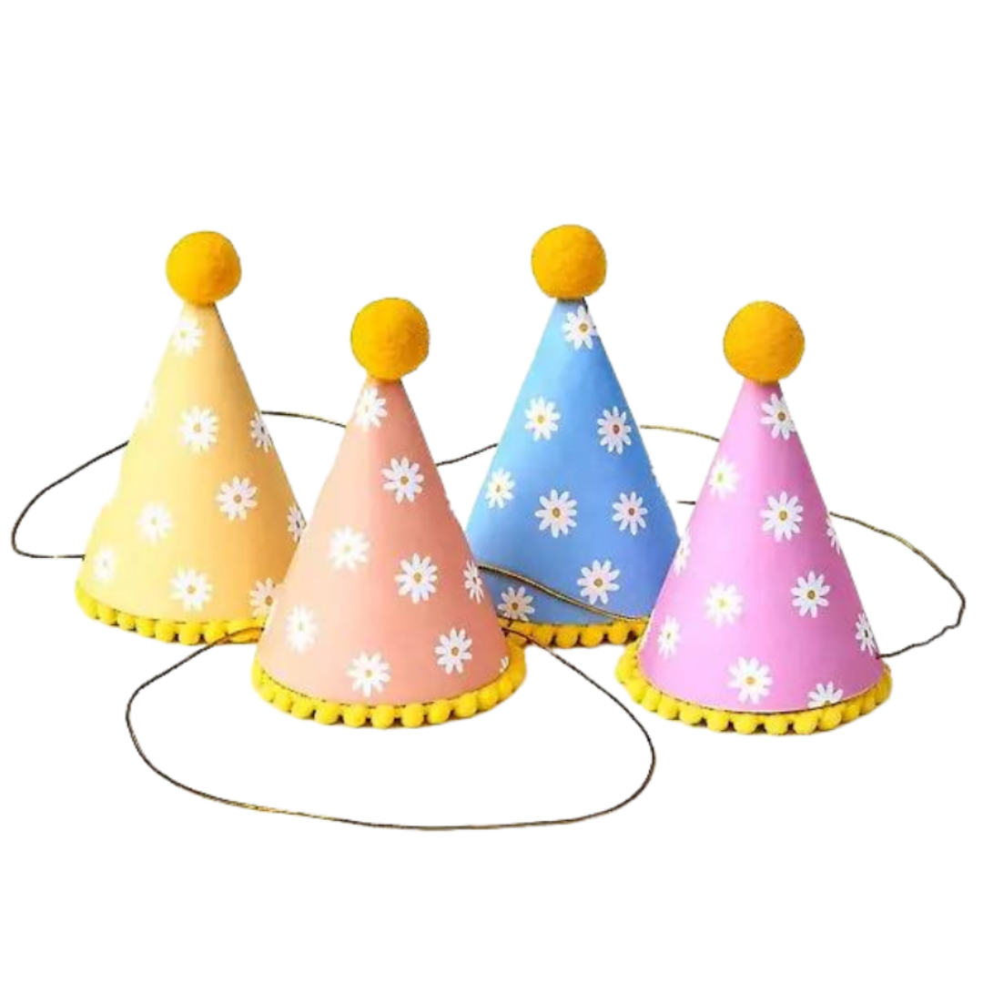 Yellow pink blue pastel birthday hats with daisy prints for celebration from Parte Haus party supply store in Bethesda MD