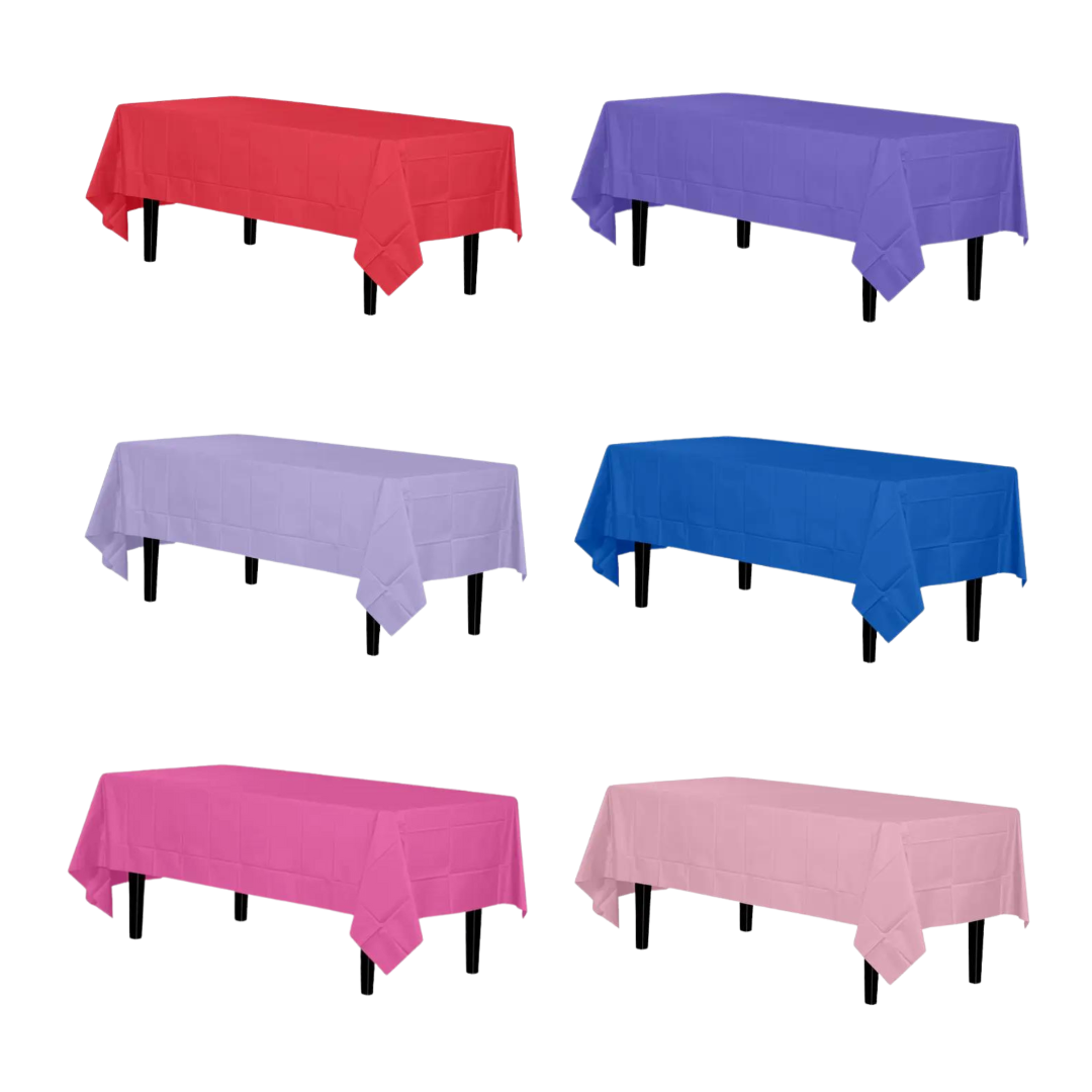 Red purple lavender blue pink light pink tablecloths for birthday celebration from Parte Haus party supply store in Bethesda MD