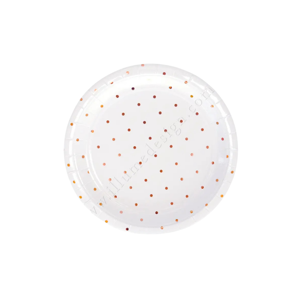 White and rose gold polka dot paper plate round shape for birthday celebration from Parte Haus party supply store in Bethesda MD.