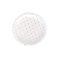 White and rose gold polka dot paper plate round shape for birthday celebration from Parte Haus party supply store in Bethesda MD.