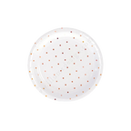 White and rose gold polka dot paper plate round shape for birthday celebration from Parte Haus party supply store in Bethesda MD.