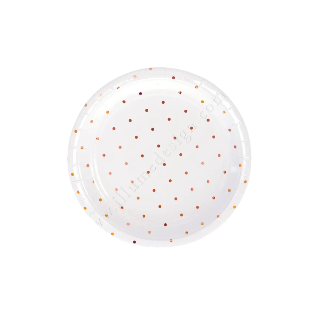 White and rose gold polka dot paper plate round shape for birthday celebration from Parte Haus party supply store in Bethesda MD.