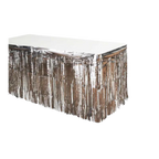 Silver metallic fringe table skirt celebration décor from Parte Haus party supply store in Bethesda Maryland