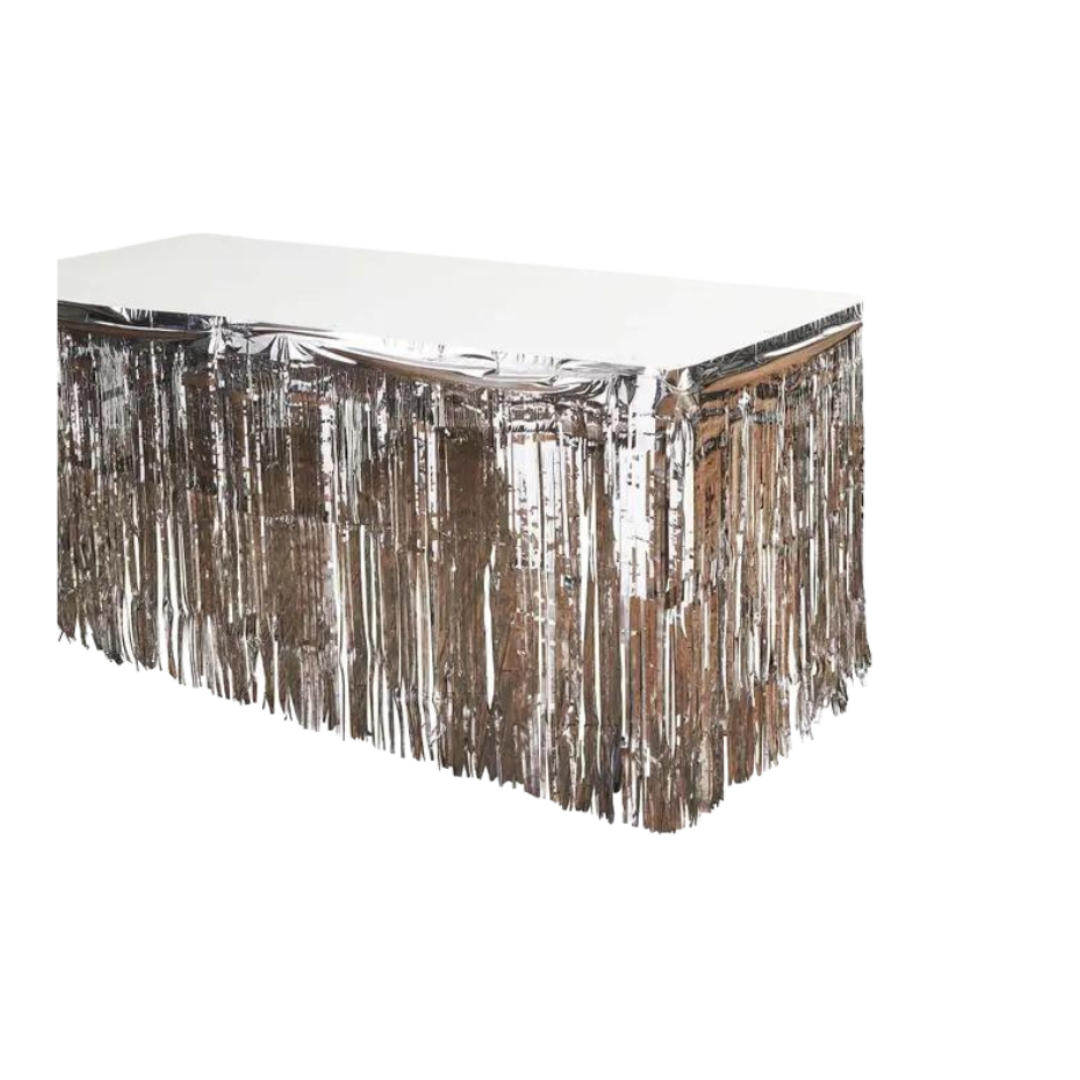 Silver metallic fringe table skirt celebration décor from Parte Haus party supply store in Bethesda Maryland