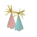 Pink and blue cone hats with gold fringe for birthday celebrations from Parte Haus party supply store in Bethesda MD