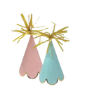 Pink and blue cone hats with gold fringe for birthday celebrations from Parte Haus party supply store in Bethesda MD