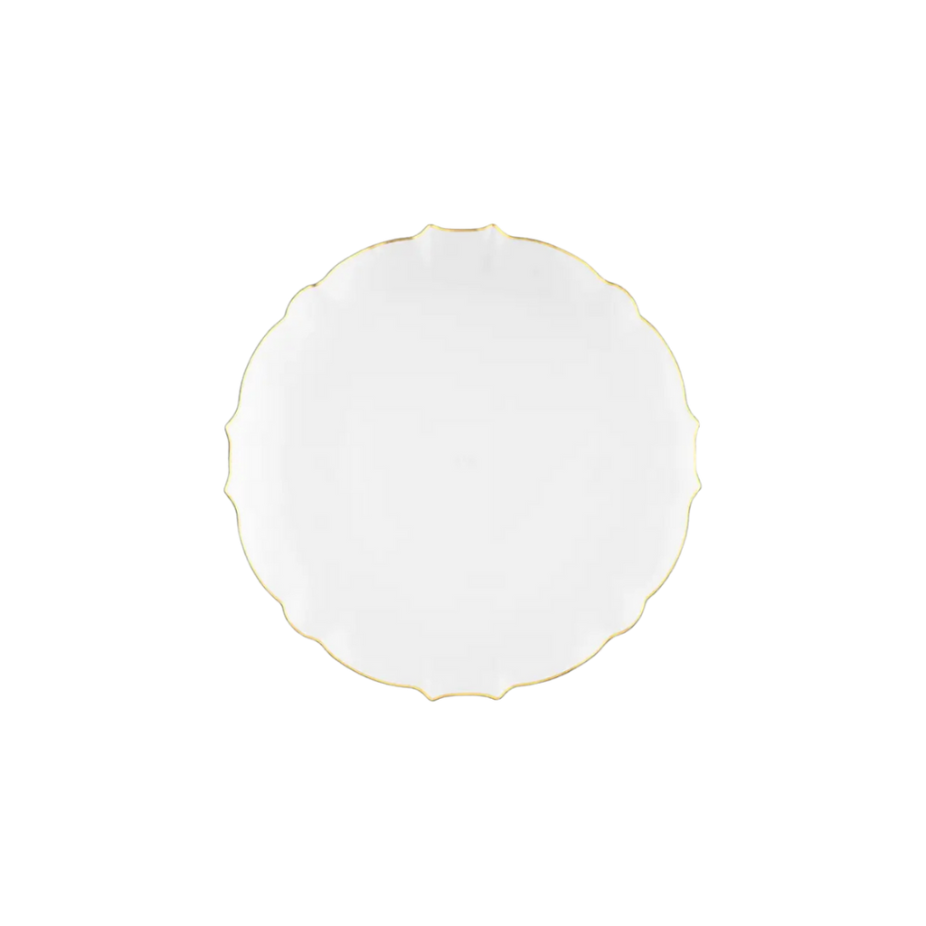 White scalloped dinner plate with gold rim elegant birthday tableware from Parte Haus party supply store in Bethesda Maryland