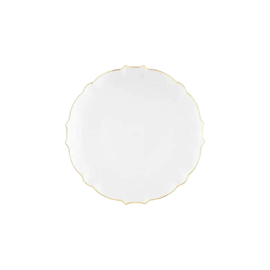White scalloped dinner plate with gold rim elegant birthday tableware from Parte Haus party supply store in Bethesda Maryland