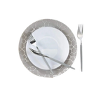Gray and white dinnerware set with geometric pattern for celebrations from Parte Haus party supply store in Bethesda Maryland