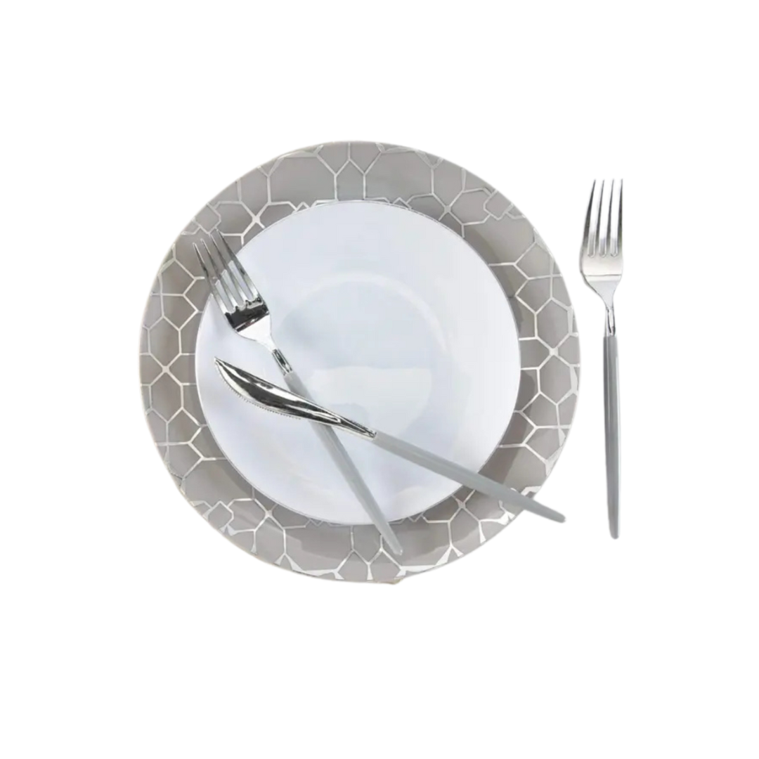 Gray and white dinnerware set with geometric pattern for celebrations from Parte Haus party supply store in Bethesda Maryland