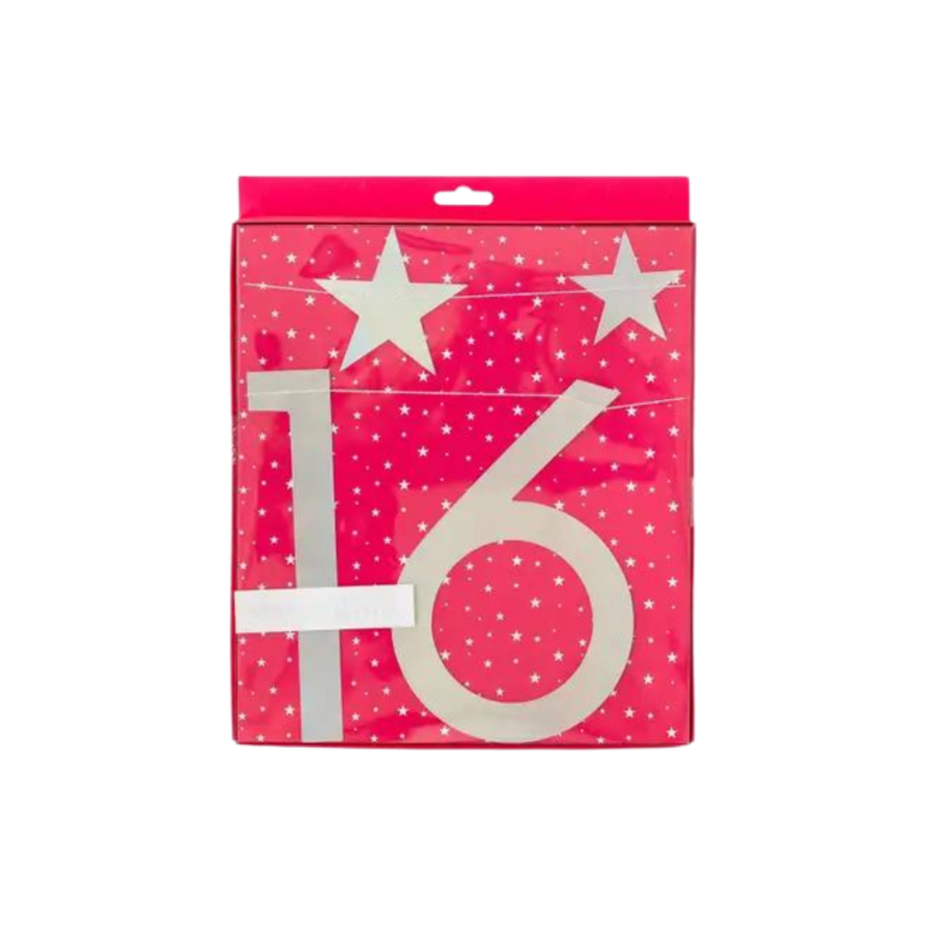 Pink sweet sixteen birthday banner with white stars from Parte Haus party supply store in Bethesda MD