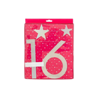 Pink sweet sixteen birthday banner with white stars from Parte Haus party supply store in Bethesda MD
