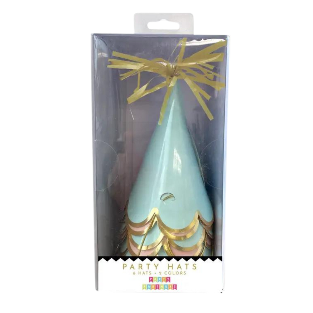 Blue and gold cone birthday hats with metallic fringe from Parte Haus party supply store in Bethesda MD