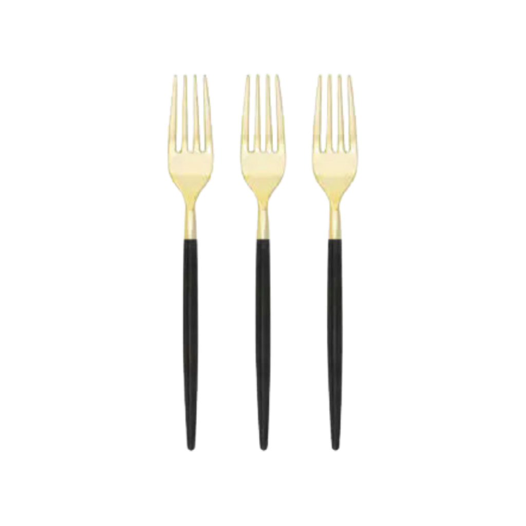 Gold and black forks modern flatware for elegant dinner from Parte Haus party supply store in Bethesda MD