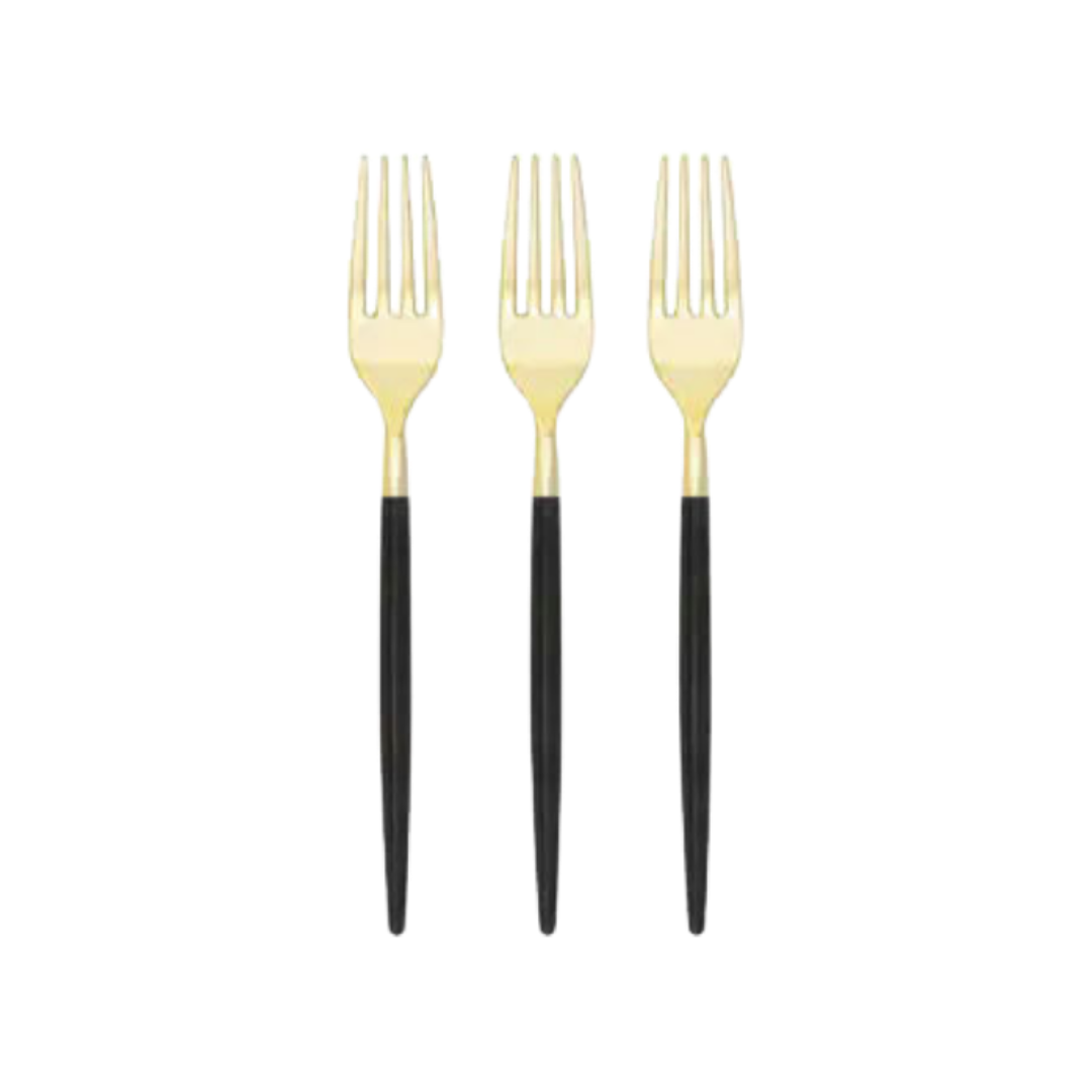 Gold and black forks modern flatware for elegant dinner from Parte Haus party supply store in Bethesda MD