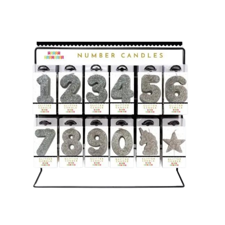 Silver glitter number candles display for birthday from Parte Haus party supply store in Bethesda Maryland