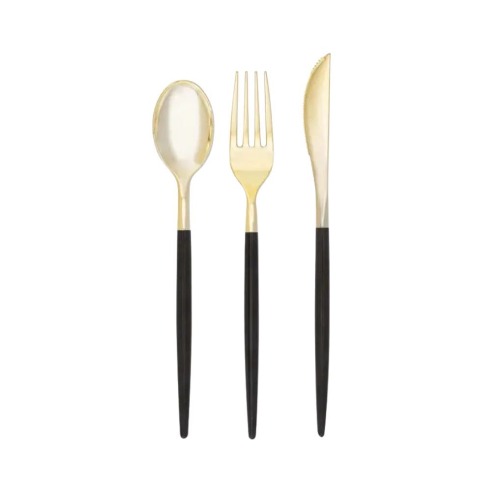 Gold and black flatware set modern spoon fork knife for elegant dining from Parte Haus party supply store in Bethesda MD