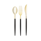 Gold and black flatware set modern spoon fork knife for elegant dining from Parte Haus party supply store in Bethesda MD
