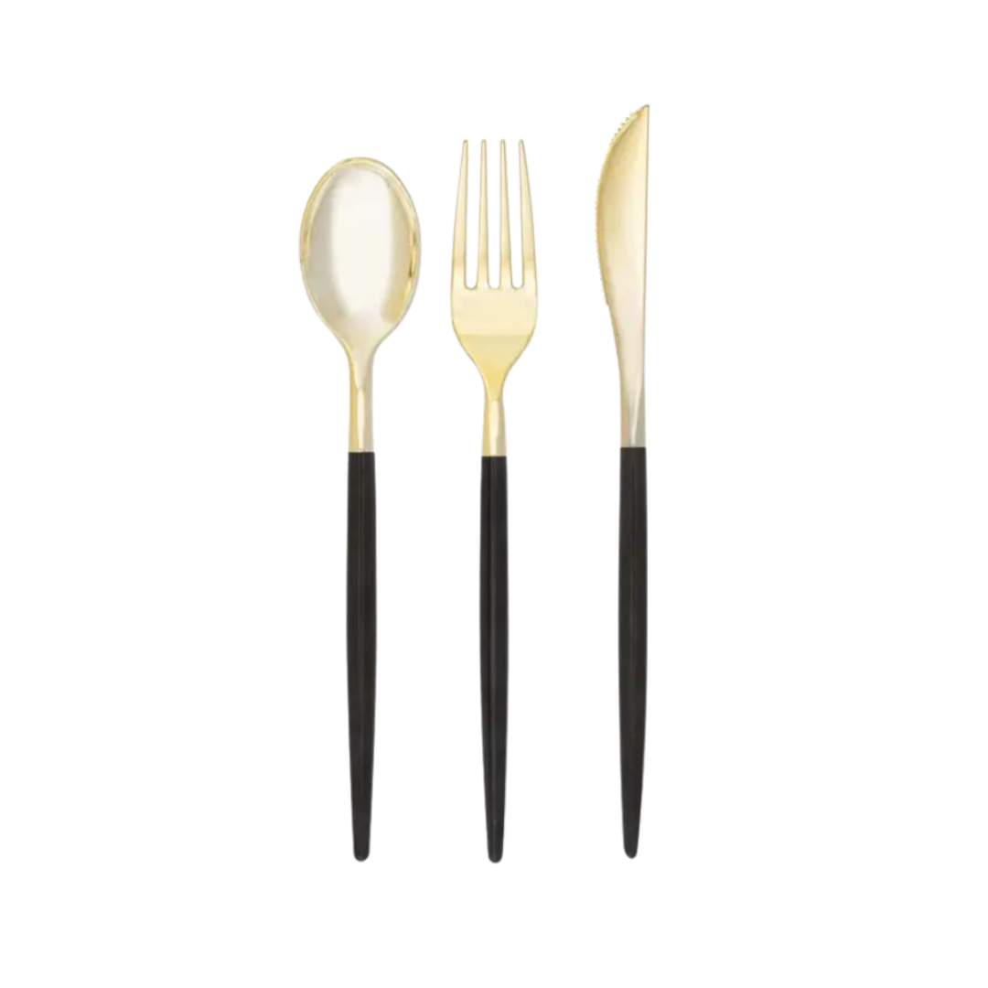Gold and black flatware set modern spoon fork knife for elegant dining from Parte Haus party supply store in Bethesda MD