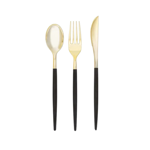 Gold and black flatware set modern spoon fork knife for elegant dining from Parte Haus party supply store in Bethesda MD