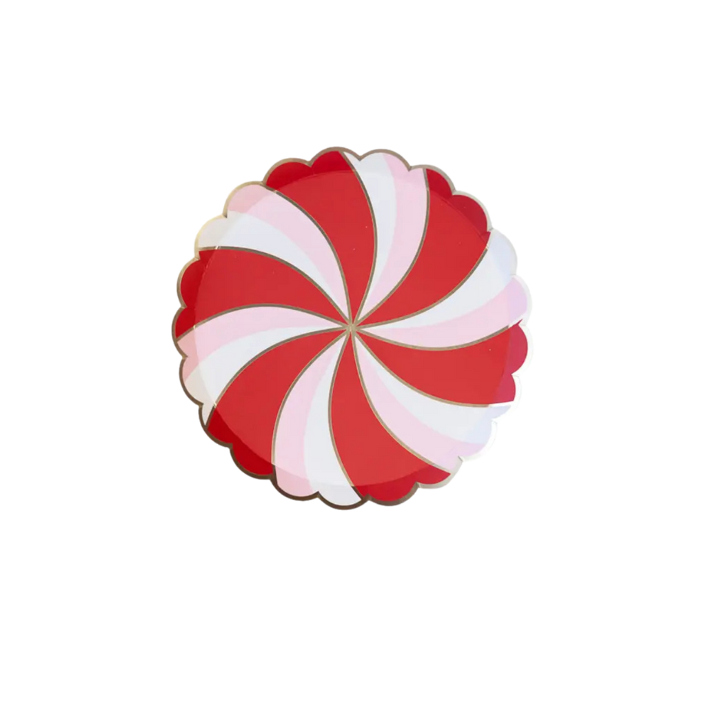 Red and pink swirled scalloped plate with gold trim Christmas theme from Parte Haus party supply store in Bethesda MD
