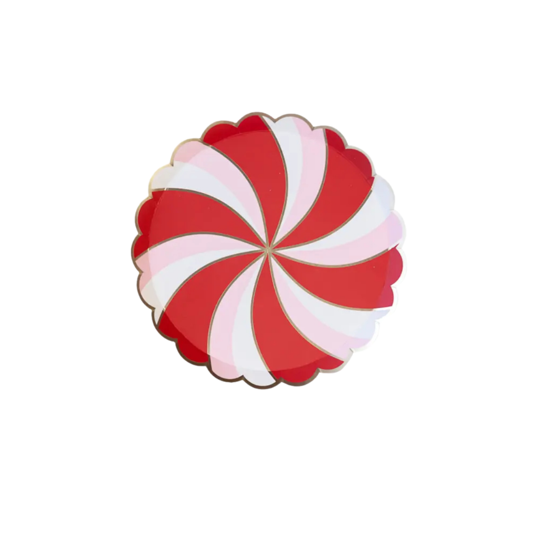 Red and pink swirled scalloped plate with gold trim Christmas theme from Parte Haus party supply store in Bethesda MD