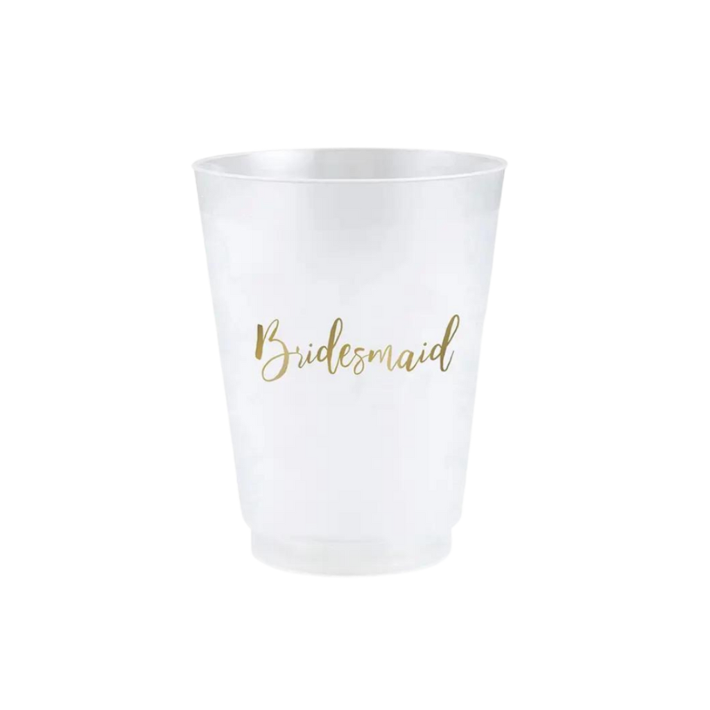 white bridesmaid plastic cup with gold script for wedding from Parte Haus party supply store in Bethesda MD