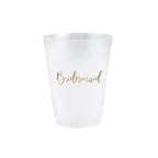 white bridesmaid plastic cup with gold script for wedding from Parte Haus party supply store in Bethesda MD