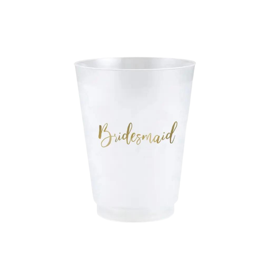 white bridesmaid plastic cup with gold script for wedding from Parte Haus party supply store in Bethesda MD