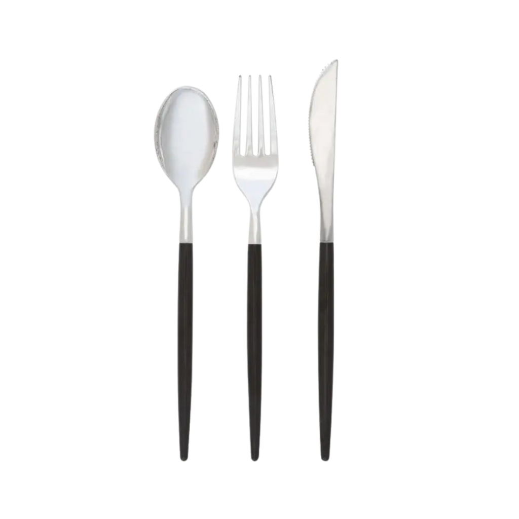 Black silver cutlery set modern utensils for dinner parties from Parte Haus party supply store in Bethesda MD