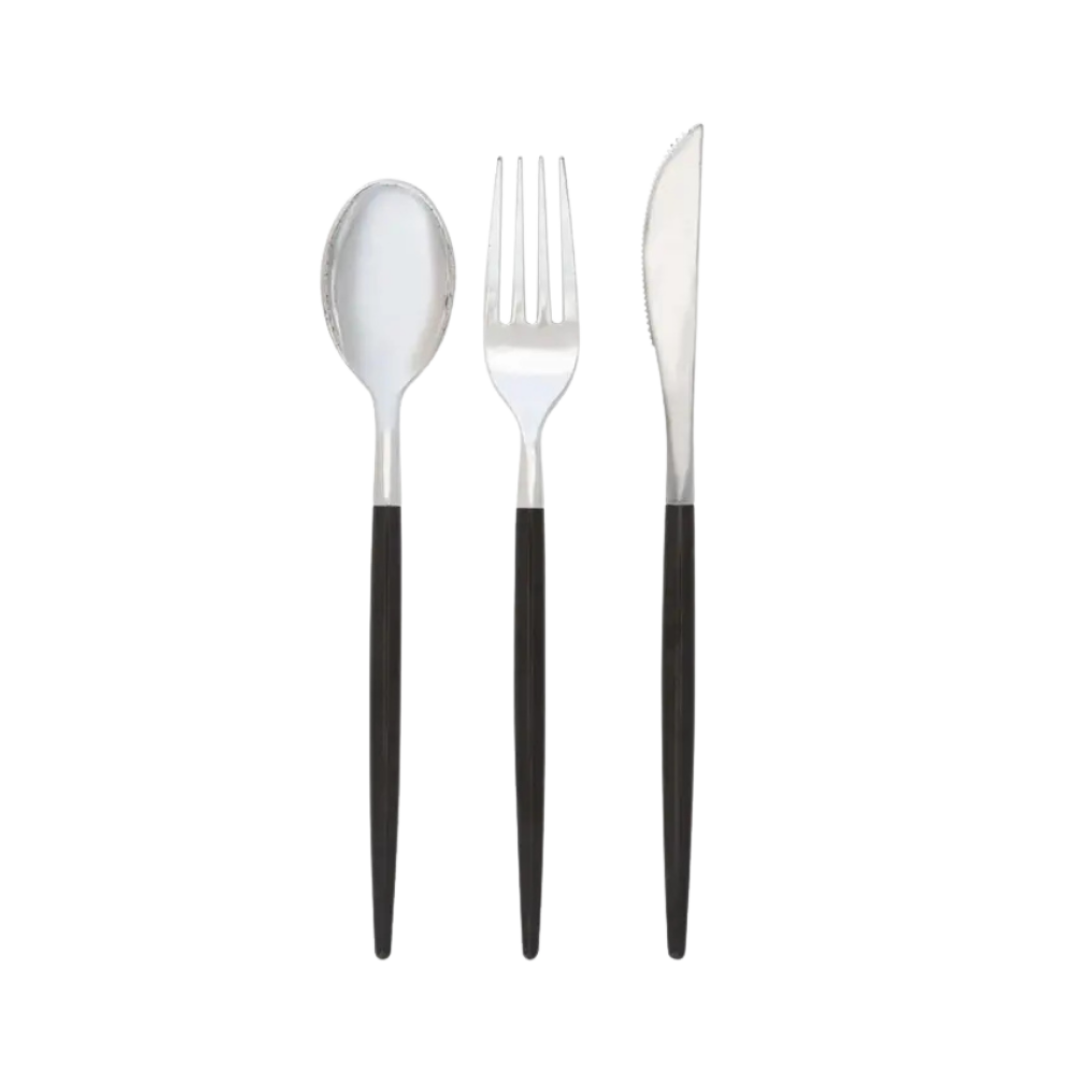 Black silver cutlery set modern utensils for dinner parties from Parte Haus party supply store in Bethesda MD