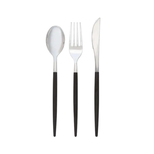 Black silver cutlery set modern utensils for dinner parties from Parte Haus party supply store in Bethesda MD