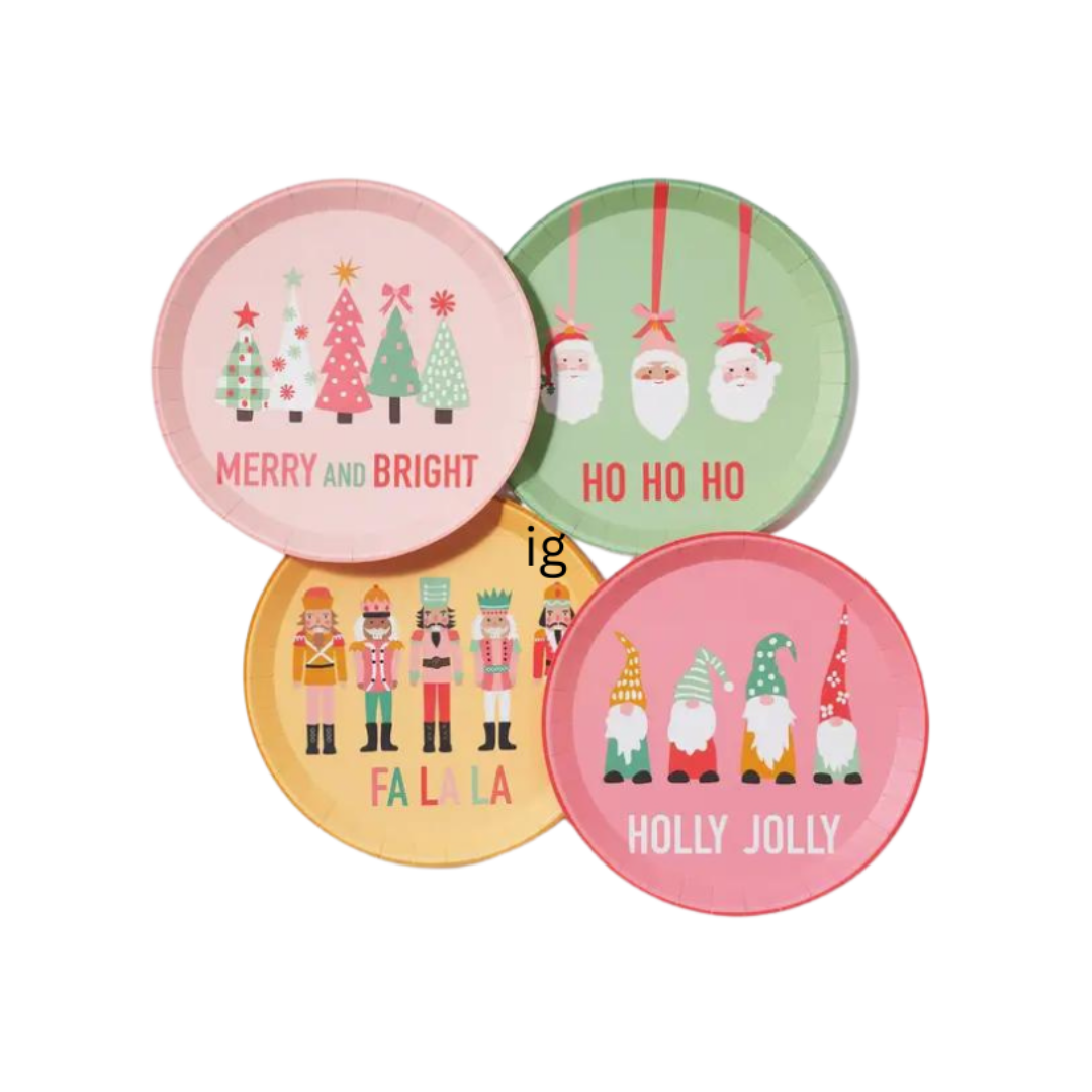 Colorful Christmas paper plates with festive illustrations Christmas from Parte Haus party supply store in Bethesda MD