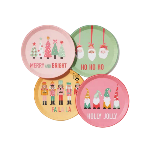 Colorful Christmas paper plates with festive illustrations Christmas from Parte Haus party supply store in Bethesda MD
