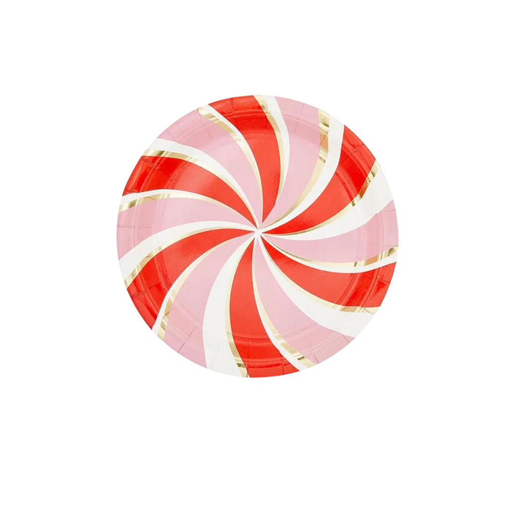 Red and white swirl dessert plate with gold accents holiday theme from Parte Haus party supply store in Bethesda Maryland