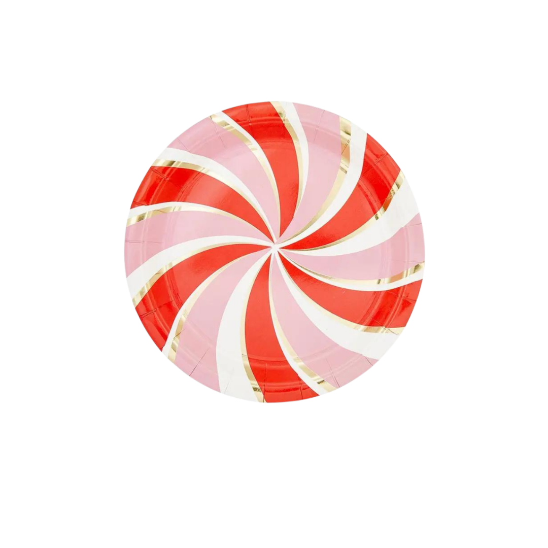 Red and white swirl dessert plate with gold accents holiday theme from Parte Haus party supply store in Bethesda Maryland