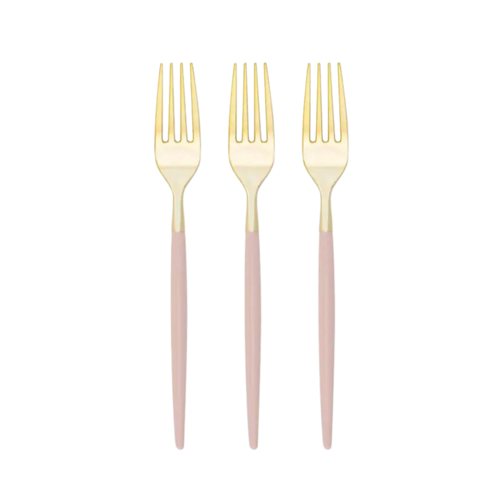 Blush gold forks with pink handles elegant tableware for celebrations from Parte Haus party supply store in Bethesda MD