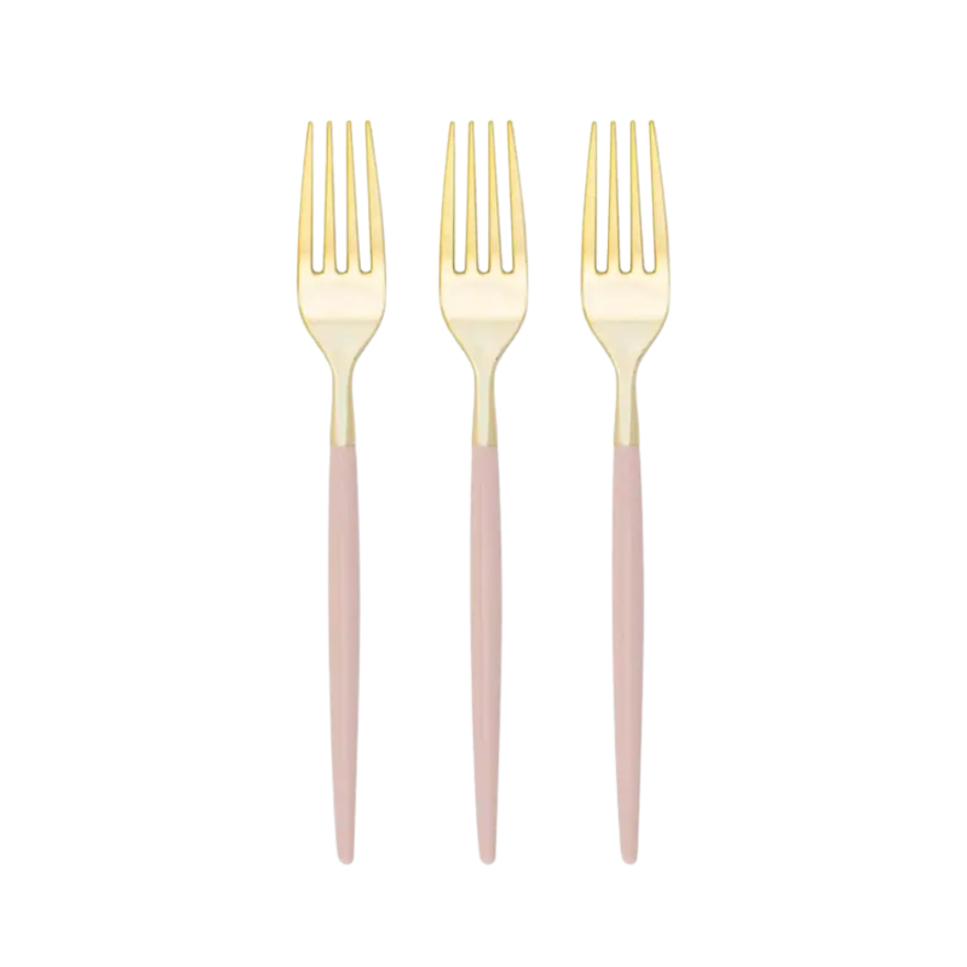 Blush gold forks with pink handles elegant tableware for celebrations from Parte Haus party supply store in Bethesda MD