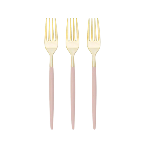 Blush gold forks with pink handles elegant tableware for celebrations from Parte Haus party supply store in Bethesda MD