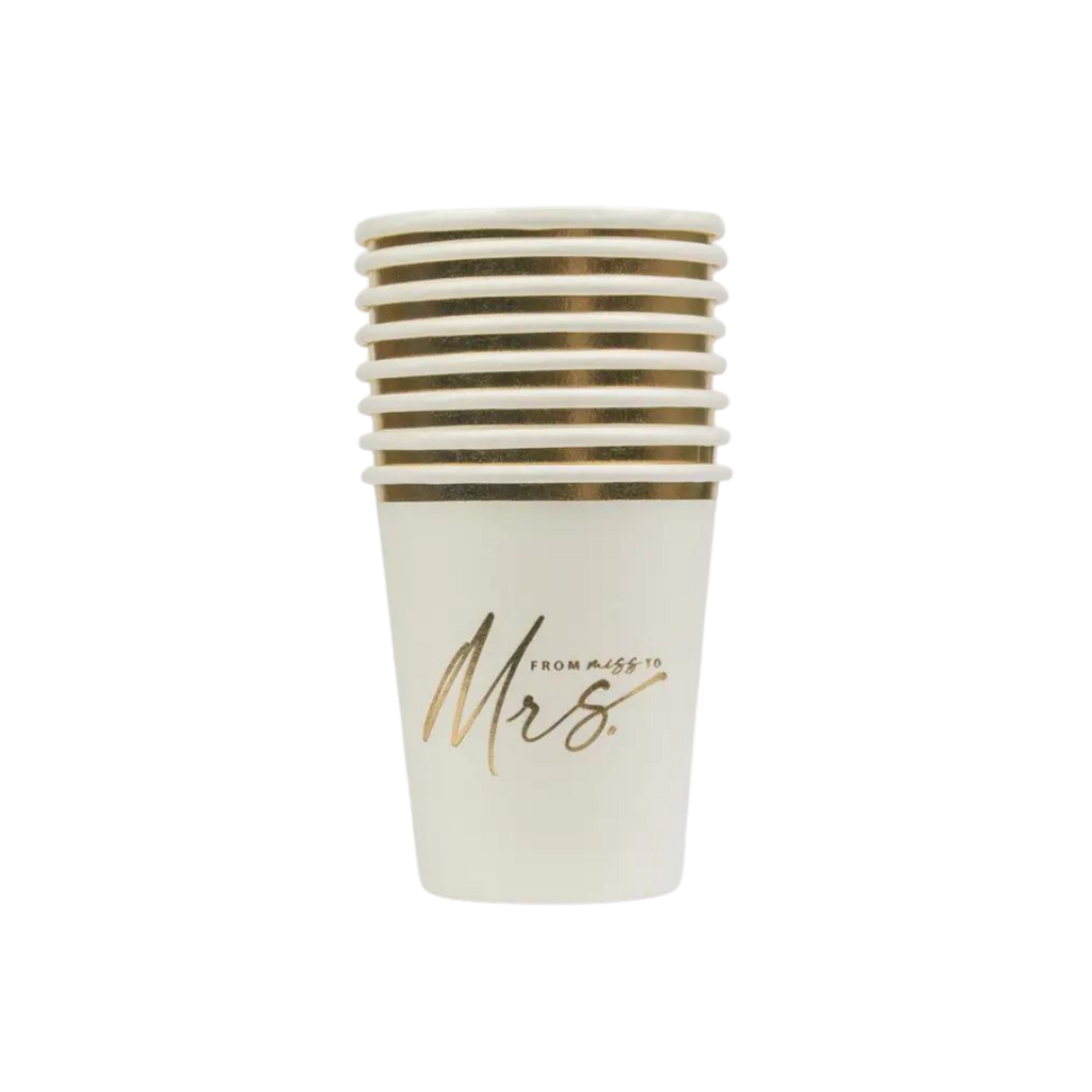 White gold foil cups with Mrs text for bridal shower from Parte Haus party supply store in Bethesda Maryland