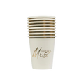 White gold foil cups with Mrs text for bridal shower from Parte Haus party supply store in Bethesda Maryland