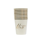 White gold foil cups with Mrs text for bridal shower from Parte Haus party supply store in Bethesda Maryland