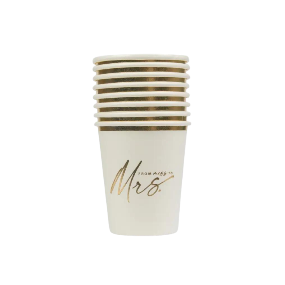 White gold foil cups with Mrs text for bridal shower from Parte Haus party supply store in Bethesda Maryland