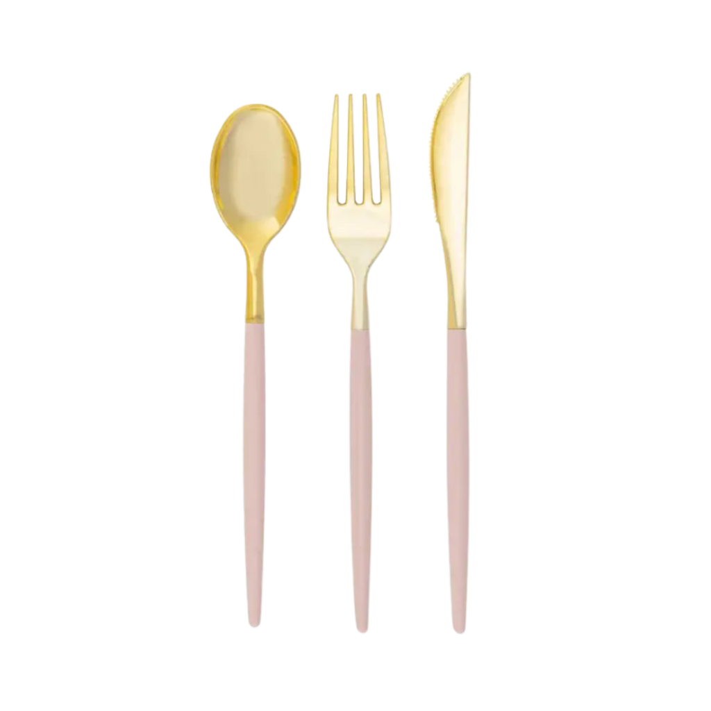 Blush gold cutlery set with fork knife spoon modern elegant design from Parte Haus party supply store in Bethesda Maryland