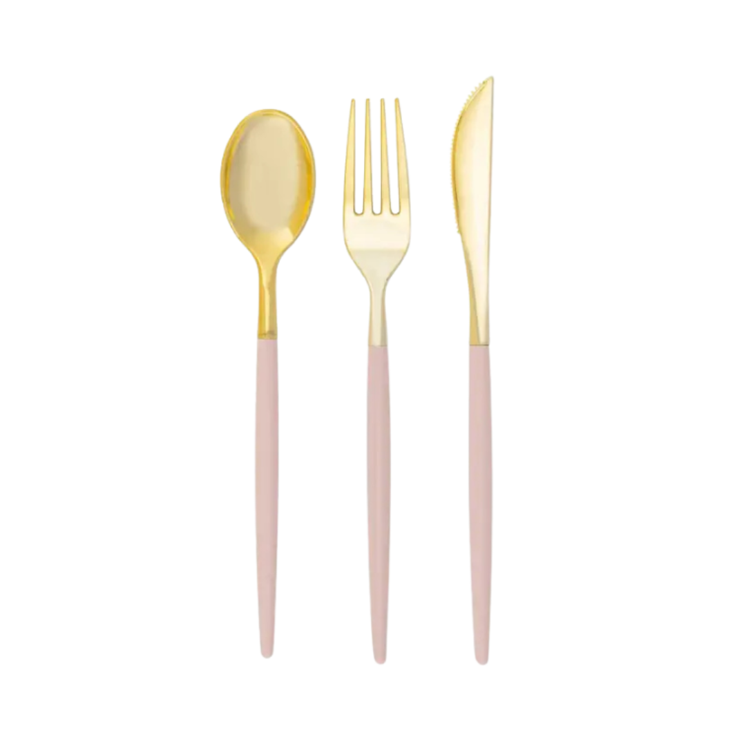Blush gold cutlery set with fork knife spoon modern elegant design from Parte Haus party supply store in Bethesda Maryland
