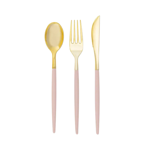 Blush gold cutlery set with fork knife spoon modern elegant design from Parte Haus party supply store in Bethesda Maryland
