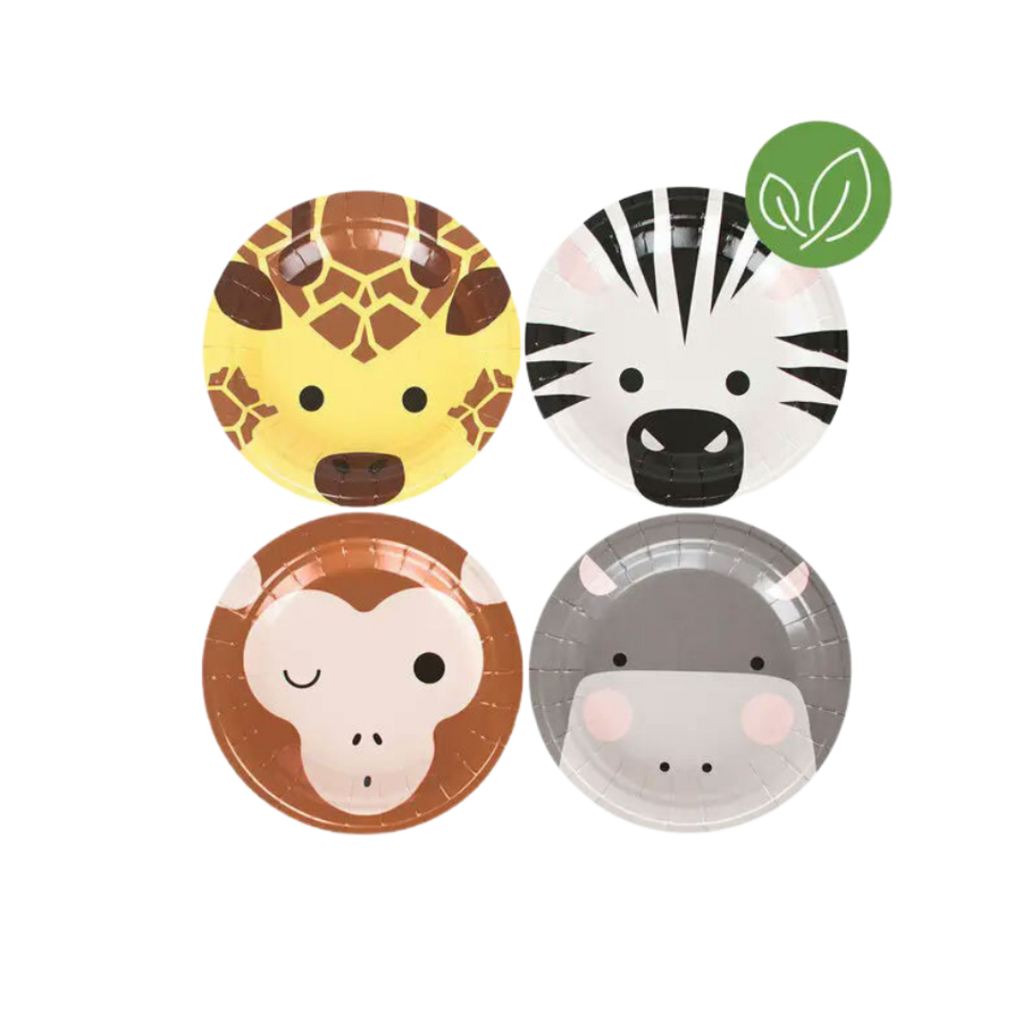 Colorful animal face paper plates set for kids safari theme from Parte Haus party supply store in Bethesda MD